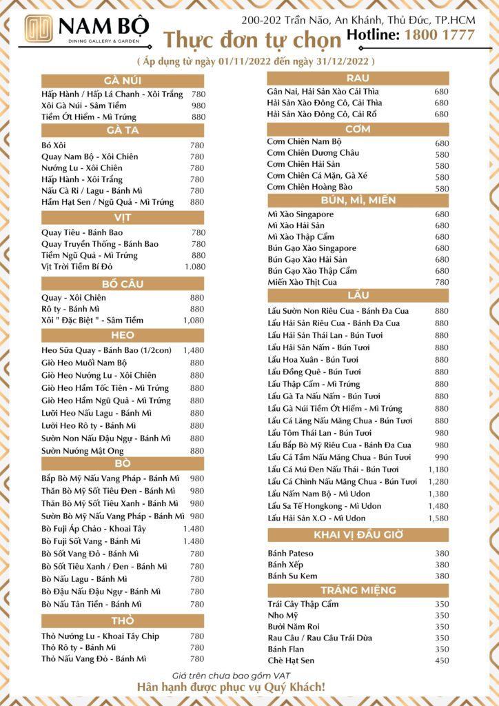 Menu set tiệc nhà hàng Nam Bộ - Nhà hàng Nam Bộ